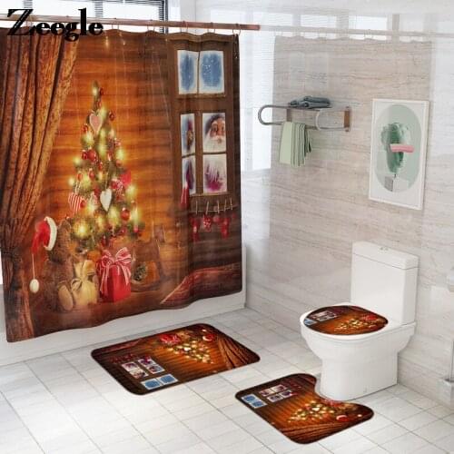 Christmas Bath Mat and Shower Curtain Set Microfiber Bath Mat Non Slip Bathroom Carpet Toilet Rug Absorbent Christmas Carpet Rug