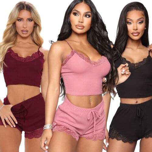 Solid Lace Patchwork Casual Two Piece Set Home Suit for Women Spaghetti Strap Crop Top and Drawstring Bandage Short Lounge Wear