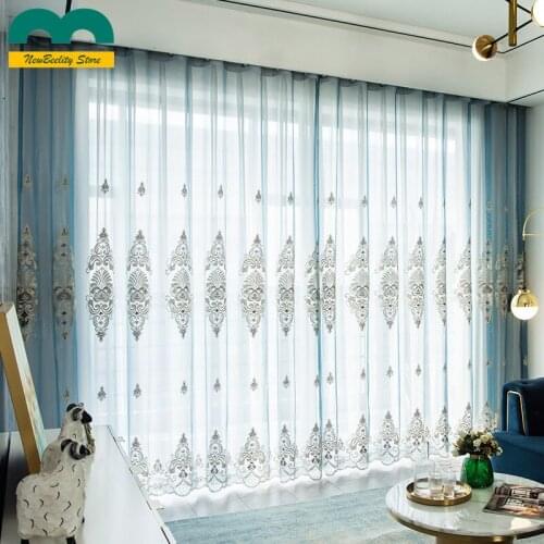 High level European Curtains for Living Dining Room Bedroom window Luxury Exquisite Embroidered Window Screen Blue Curtains
