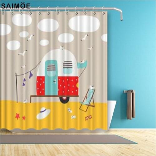 Happy and Campers Bathroom Curtain Cartoon Campers Car Waterproof Shower Curtain Polyester Fabric Kids Bath Accessories Sets