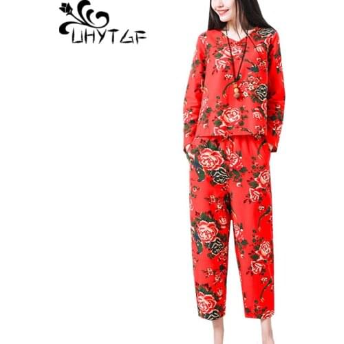 UHYTGF National wind sets Womens soft Cotton linen printing Loose summer 2 piece set Pullover top + pants Casual set female 1417