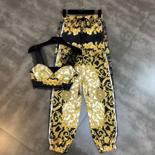 FABPOP 2021 Summer Yellow Floral Print Lace Short Dew Navel Camis Long Pants Two Piece Women Sets Outfits GA201