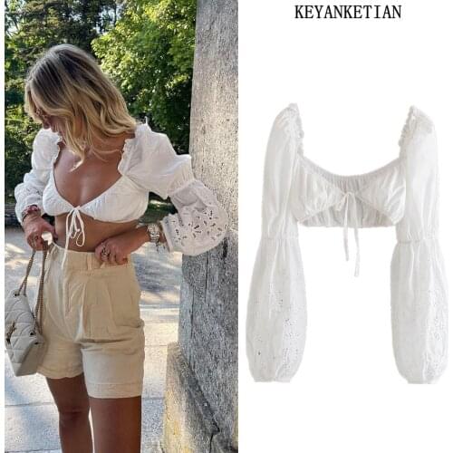KEYANKETIAN za 2021 Summer Sexy Embroidered Hollow Ultra-Short Backless Lace-up Puff Sleeve Top Womens White