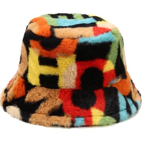 Winter Warm Rabbit Fur Hip Hop Bucket Hat Designer Luxury Women Men Colorful Printing Streetwear Flat Top Fishing Caps