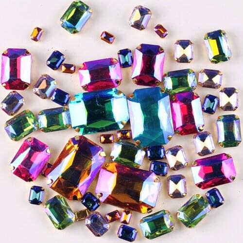 Gold claw setting Rectangle shape 7 sizes mix 50pcs/bag glass crystal sew on rhinestone beads wedding dress shoes bags diy