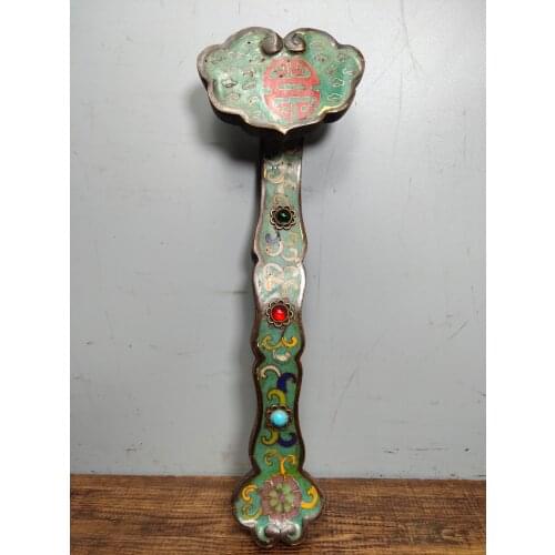 10"Tibet temple Old Bronze Cloisonne Enamel mosaic Gem Lucky Ruyi Desirable fu word Ornaments Town House Exorcism