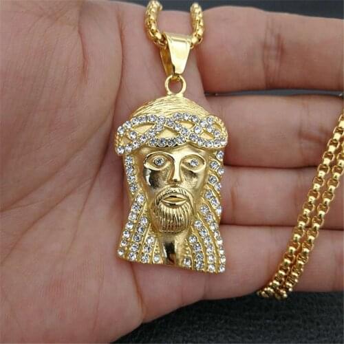 Hip Hop Iced Out Bling Jesus Head Pendant Necklace Men Stainless Steel Gold Color Jesus Piece Necklaces Male Catholic Jewelry