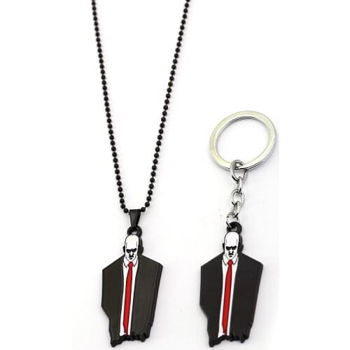 Game Hitman Metal Key Chain Agent 47 Enamel Alloy Pendant Necklace Leather Chain Choker Keychain Keyrings Gift Jewelry for Mens