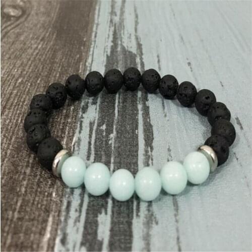8MM Lava Stone Aquamarine Mala Bracelet Gemstone 7.5 inches Chakas Buddhism Tibet Silver Spirituality Healing Meditation