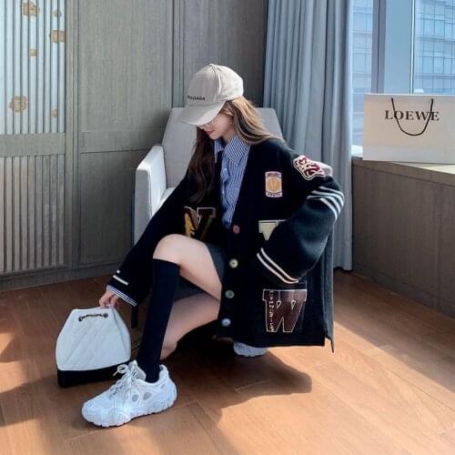 Oversized Cardigan Sweater Spring Autumn New Preppy Jacket Girl Kawaii Knitwear Womens Letter Flocking Stitching Loose Grunge