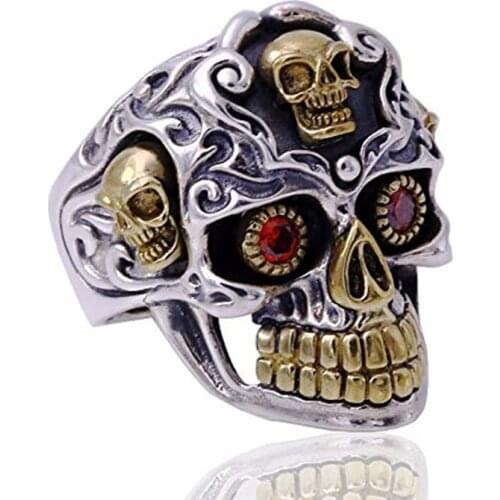 Vintage Cool Mens Sugar Skull Rings Gothic Punk Red CZ Eyes Stainless Steel Ring Cocktail Party Ring Men Rock Biker Jewelry