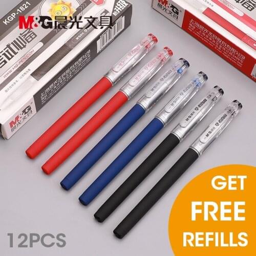 M&G 12pcs/lot Needle Gel Ink Pen 0.5mm Extra Fine Pens Refills Black Blue Red Office School Supplies Stationery Kids Student