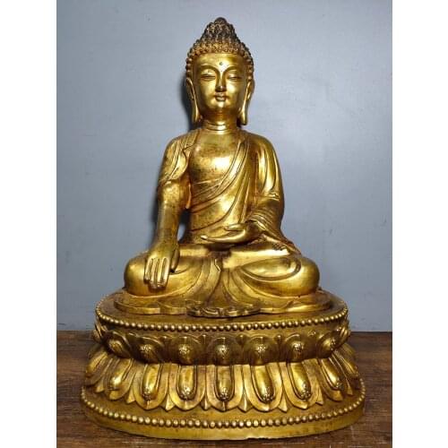 15"Tibet Buddhism Temple Old Bronze Gilt One Buddha Shakyamuni Sitting on a double lotus platform Enshrine the Buddha