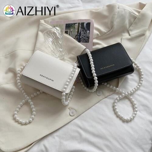Fashion Women PU Leather Pure Color Shoulder Crossbody Messenger Bag Casual Ladies Pearl Chain Mini Handbags Flap Purse