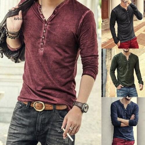 Men Tee Shirt V-Neck Long Sleeve Tee&tops Stylish Slim Buttons T-Shirt Autumn Casual Solid Male Clothing Plus Size 3Xl