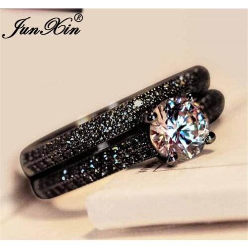 Vintage Round Crystal Stone Ring Set White Gold Black Yellow Rose Gold White Zircon Couple Wedding Engagement Rings For Women Cz