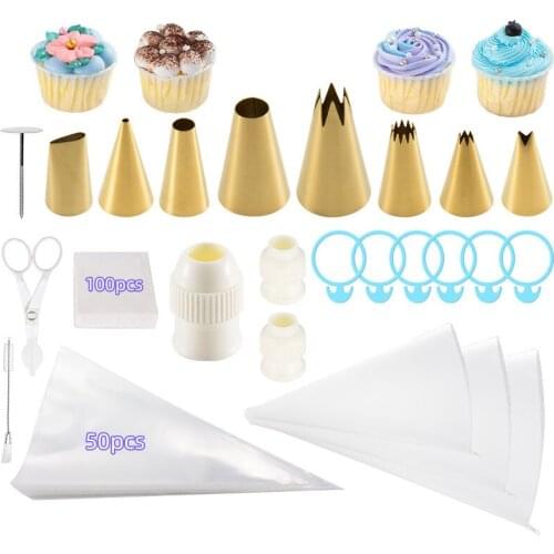 173pcs/set Gold Stainless Steel Pastry Nozzle Set Cake Decorating Tool Silicone Icing Piping Bag Cream With Converter Bakeware