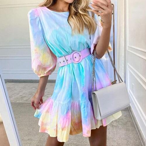 2021 New Style Womens Summer Sweet Dress Female Tie dye Loose Short Dress Round Neck Half Sleeve Girl Summer Mini Dress Vestido