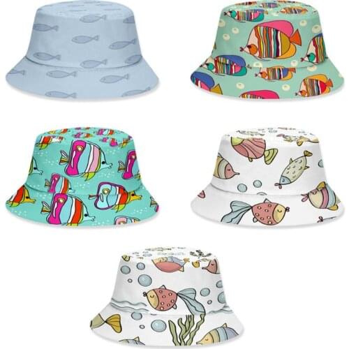 Adult Kids Summer Bucket Hat Cartoon Ocean Fish Print Wide Brim Fisherman Cap Y5GC