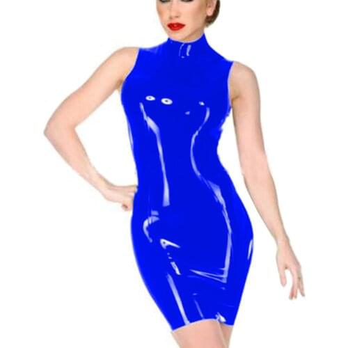 Sexy PVC Leather Turtleneck Dress Women Sleeveless Back Zipper Bodycon Mini Dresses Club Slim Skinny Patent Leather Clothing