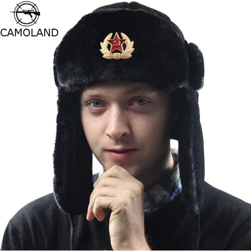 Soviet Army Military Badge Russia Ushanka Bomber Hats Pilot Trapper trooper Hat Winter Faux Rabbit Fur Earflap Men Snow Caps
