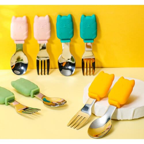 Silicone Spoon And Fork For Kid Baby Learns To Eat Training Spoon Food Supplement Fork Childrens Tableware Over One Year Old