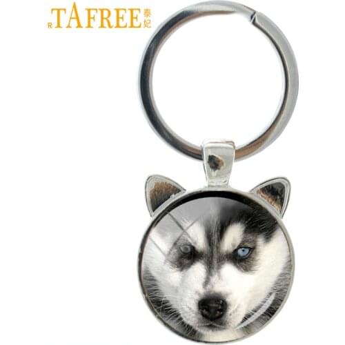 TAFREE Midsize sled dog Siberian Husky keychain lovely Puppy glass key chain ring holder fashion Christmas gift jewelry CN775