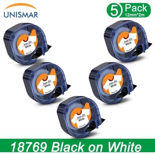 Unismar 5PK 18769 Black on White for Dymo Letratag LT 18679 18771 18768 tape Fabric Iron-on Label Replace for DYMO QX-50 LT-100H