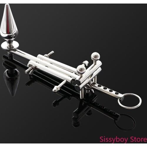 Stainless Steel Testicular Scrotum Lock Bdsm Adult Game Male Multifunctional Chastity Belt with Anal Plug Penis Ring Stretching