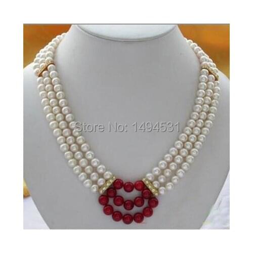 Wholesale Pearl Jewelry 3Rows 17-19 Inches 8mm White Round Pearl Red Coral Necklace - Handmade Jewelry - XZN41