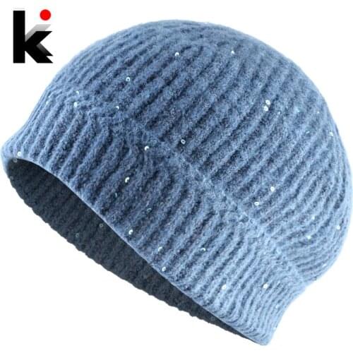Winter Hats For Women Fashion Knitted Sequin Beanies Ladies Fashion Solid Color Knitting Wool Skullies Beanie Girls Gorras Cap