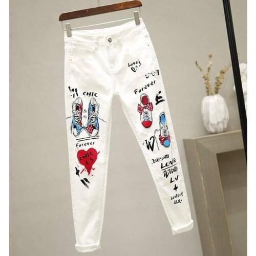 Women White Skinny Denim Pants Cartoon Graffiti Printed Stretch Jeans Autumn Slim Body Pencil Jeans Ladies Plus Size Jeans