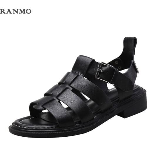 Flat Women Sandals Summer Genuine Leather Chunky Heels Pumps for Women 2021 Summer Party Office Lady Shoes Woman Gladiator Shoes