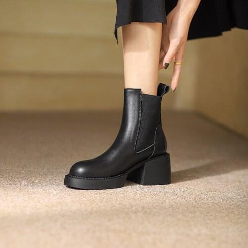 Boots for Women 2021 Autumn Winter Genuine Leather Shoes Woman Black Colors Party Chunky Heels Ankle Boots Heels