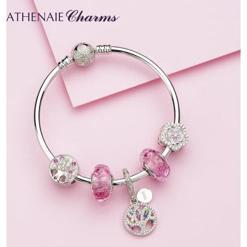 ATHENAIE 925 Sterling Silver Colorful CZ Sparkling Family Tree Charms Bracelet with CZ Charm Beads for Women