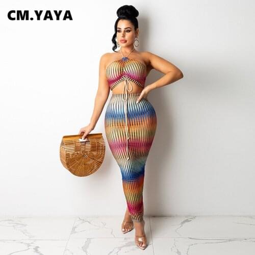 CM.YAYA Women Set Print Shirring Halter Crop Tops + Long Skirts Two 2 Piece Sets Fashion High Streetwear Vintage Skirt Set Fall