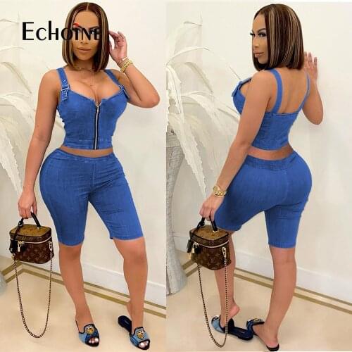 Echoine Solid Zipper Imitation Denim Casual Outfits Woman Sexy Sleeveless Adjustable Shoulder Strap Crop Top Shorts Summer 2021