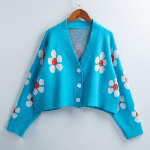 Autumn Winter Women Flower Knit Sweater Short Cardigan V Neck Button Long Sleeve Tops Loose Casual Coat