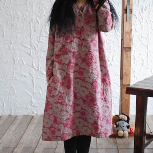 Johnature 2021 Autumn Cotton Linen Loose Dress Long Sleeve New Casual Vintage Print V-neck Pockets Women Dresses