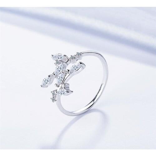 Zircon Leaf Cute 925 Sterling Silver Temperament Personality Fashion Female Trendy Resizable Opening Rings SRI018