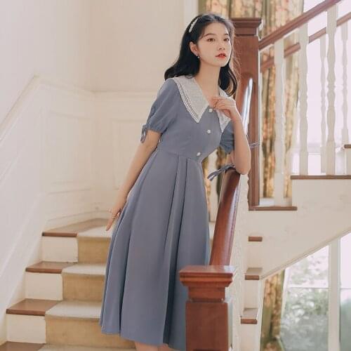 Summer Lace Peter pan Collar Sweet Cute Dress Women French Retro Bow Cuffs sweet and cute single-breasted literary Dresses 2021