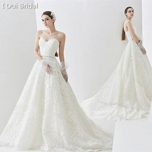 High Quality Lace Wedding Dress A Line Sweetheart Neckline Zipper Back with Crystal Beaded Belt Vestido De Novia