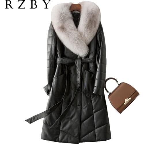 Real 100% Women Sheepskin Leather Coat Fox Fur Collar Veste En Cuir Winter Plus Size Long Down Jacket Ladies Outwear RZBY332