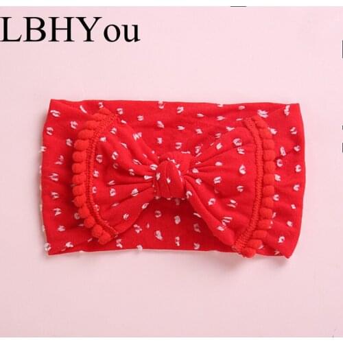 1pcs Fashion Dot Prints Girls Width Bows Nylon Hairbands Soft Stretchy Pompom Trims Nylon Headbands Baby Girls Turban Head Wraps