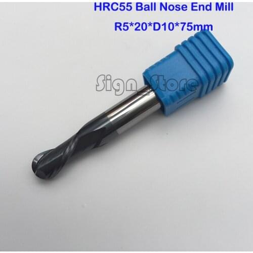 1pc radius=5mm 2 Flutes Longer hrc55 R5*20*D10*75mm solid carbide Ball nose End Mill CNC router bits tools Longer Milling cutter