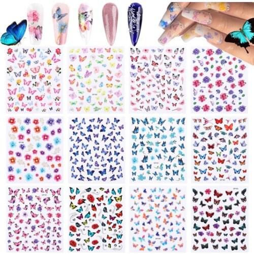 12 Sheets Kapmore Nail Stickers Adhesive Butterfly Nail Art Stickers Flower Nail Decal Women Girls Nail Decorations DIY Design