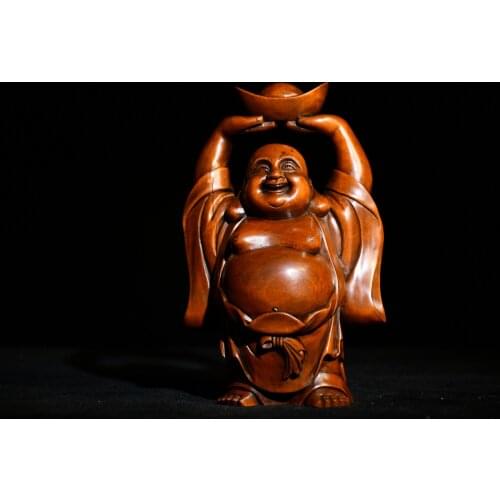 6"China Lucky Old Boxwood Hand-carved Maitreya statue Ingot Lucky fortune Enshrine the Buddha Office Ornaments