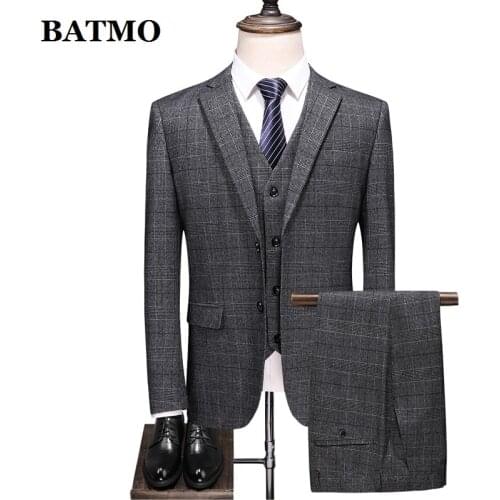 BATMO 2021 new arrival Plaid casual suits men,wedding dress,jackets+pants+vest 9650