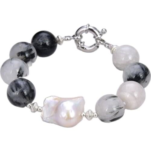 JK 8'' 16mm Black Rutilated Quartz White Keshi Pearl Bracelet