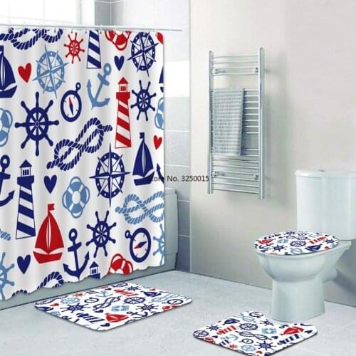 Home Decor Nautical Navy Blue Anchor Wheel Rope Lighthouse Shower Curtain Set for Kid Sea Marine Bathroom Curtain Bath Rugs Mats